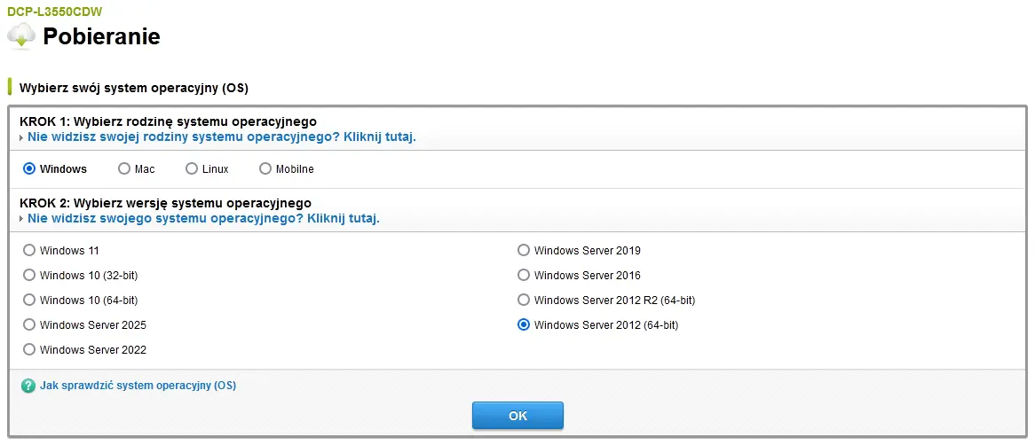 Menu pobierania sterowników do drukarki, w którym nie ma do wyboru systemów Windows starszych niż Windows Server 2012 (64-bit)
