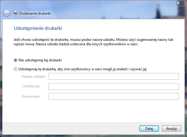 Wybór opcji udostępniania drukarki po zainstalowaniu sterownika