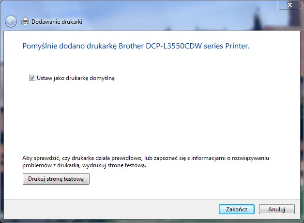 Ekran końcowy kreatora dodawania drukarki