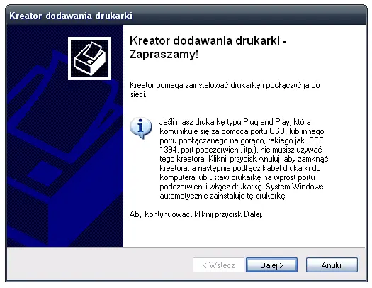 Kreator dodawania drukarki w Windows XP