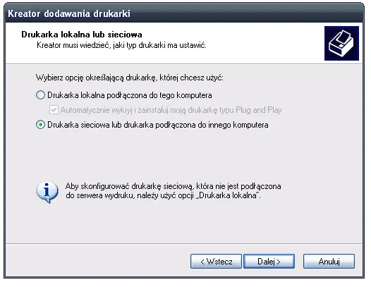 Wybór sieciowej drukarki w kreatorze