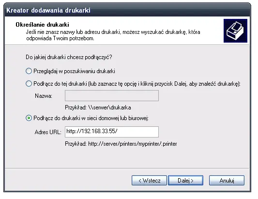 Podawanie adresu drukarki w kreatorze dodawania drukarki