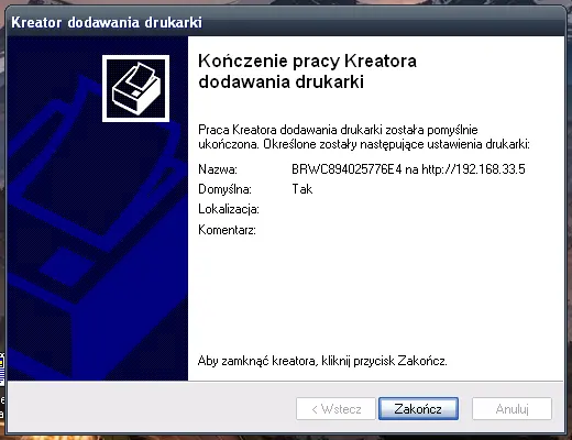 Ekran końcowy kreatora dodawania drukarki