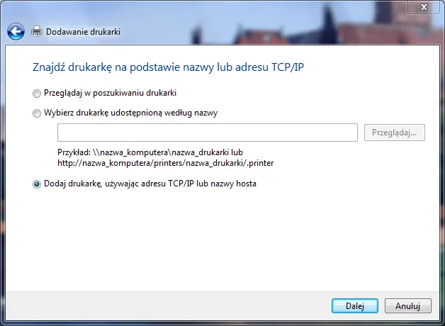 Wybór drukarki TCP/IP w kreatorze dodawania drukarki