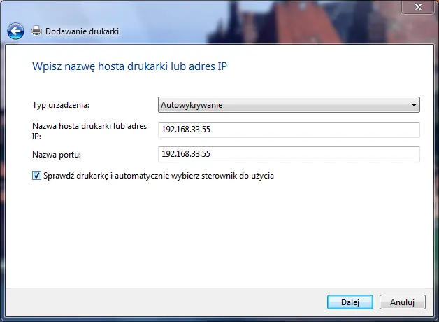 Podanie adresu urządzenia w kreatorze dodawania drukarki